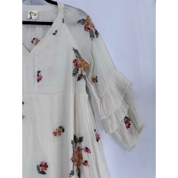 Anthropologie Fly & Flower Cream Embroidered Boho Dress sz M Ruffle Cottagecore - Picture 5 of 7